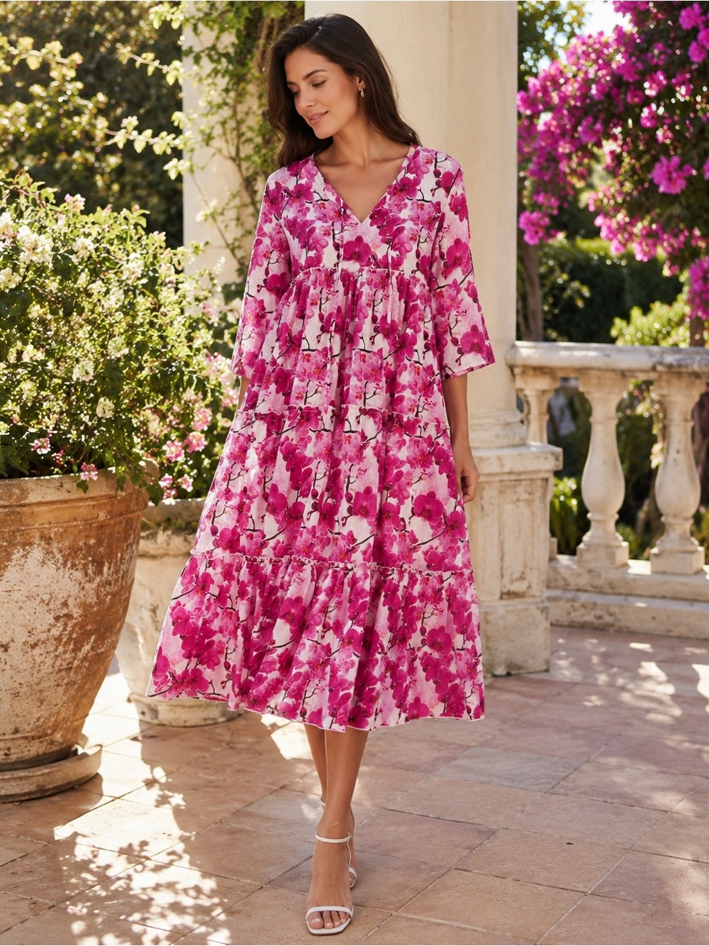 Ros Garden Pink Orchid Floral Tiered Midi Dress Size Small Lightweight Cotton